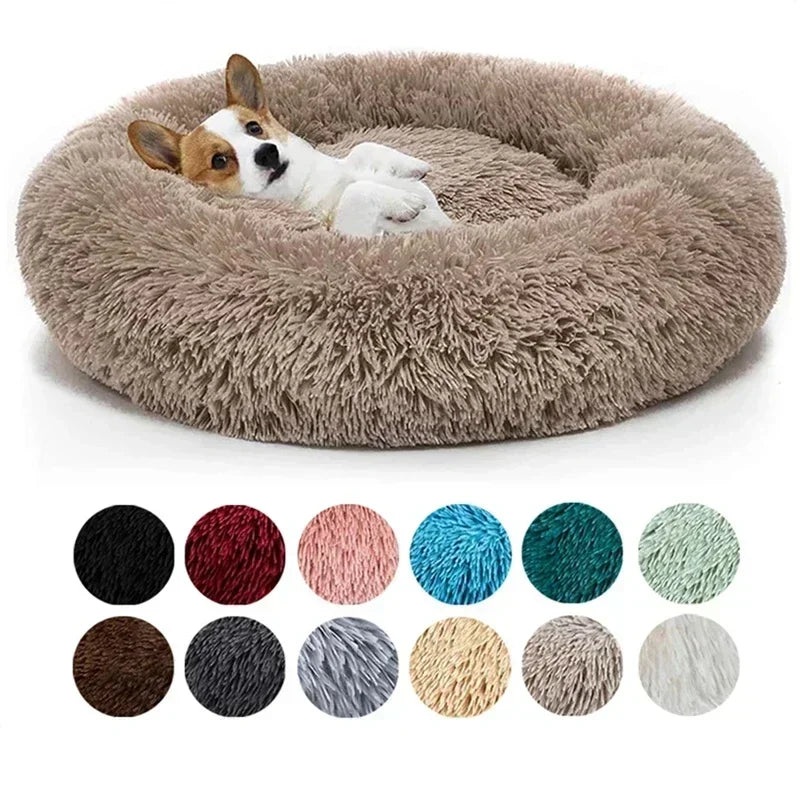 Donut plush calming pet bed for cats and dogs with raised rim support