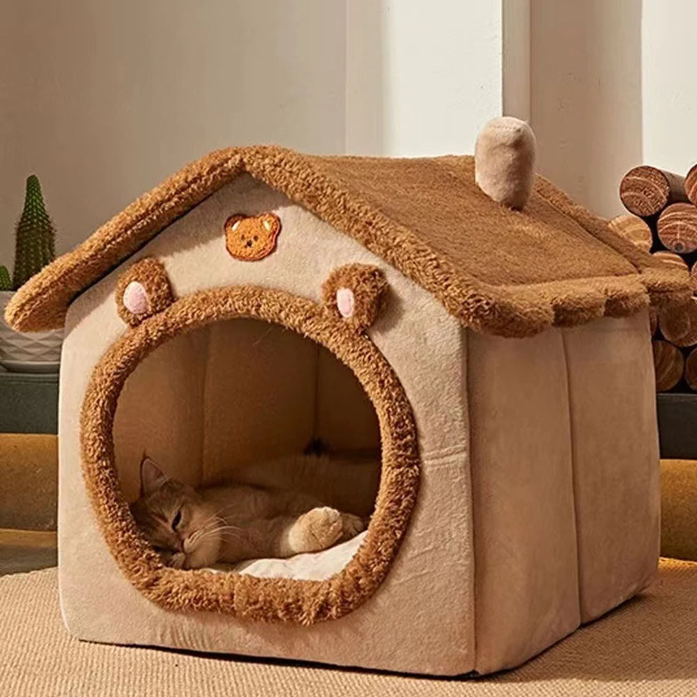 Cat curled up inside four season enclosed pet bed