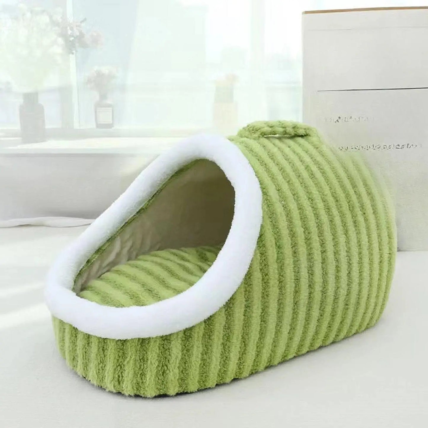 Side view emphasizing slipper style pet nest bed