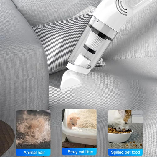 Using wireless vacuum to remove pet hair from couch