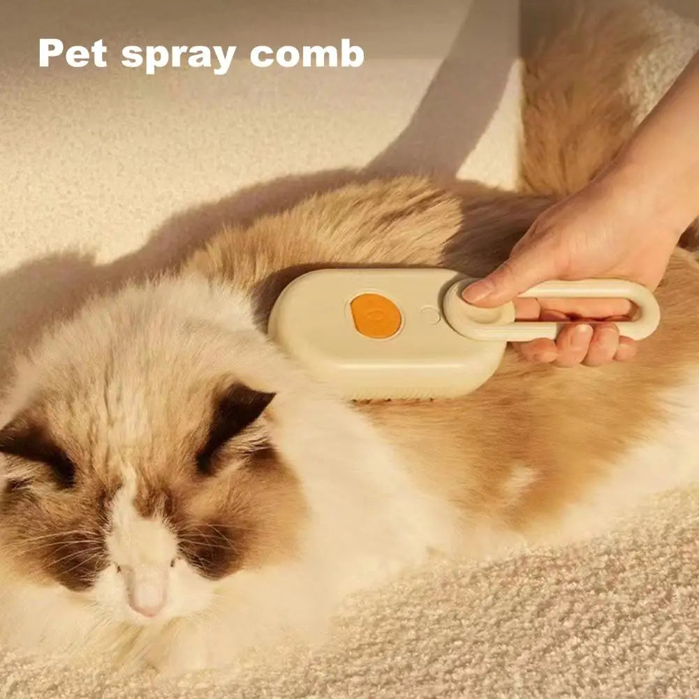 “A hand using a 3-in-1 pet steam brush to remove loose fur from a dog’s coat.”
