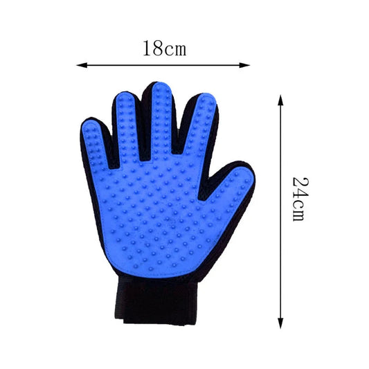 Pet grooming glove with rubber tips removing loose fur and massaging dog and cat coats