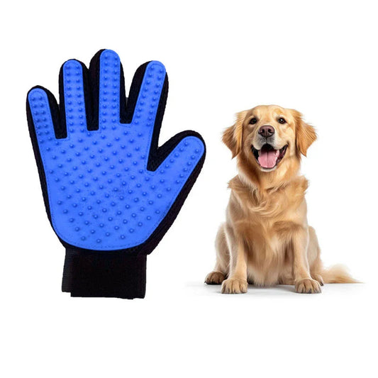 Pet grooming glove removing loose fur from a dog while providing a gentle massage during grooming session