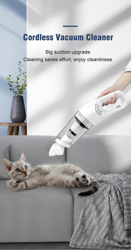 “Cordless handheld pet vacuum cleaner removing dog hair from a sofa”