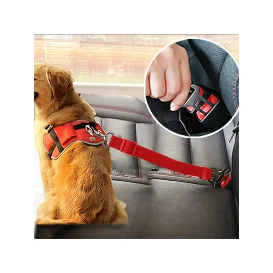 “Happy dog wearing a safety seatbelt in the back seat of a car, enjoying a comfortable and safe ride.”