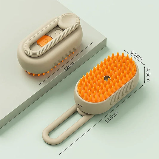 Golden retriever being brushed with a stainless steel grooming brush at home