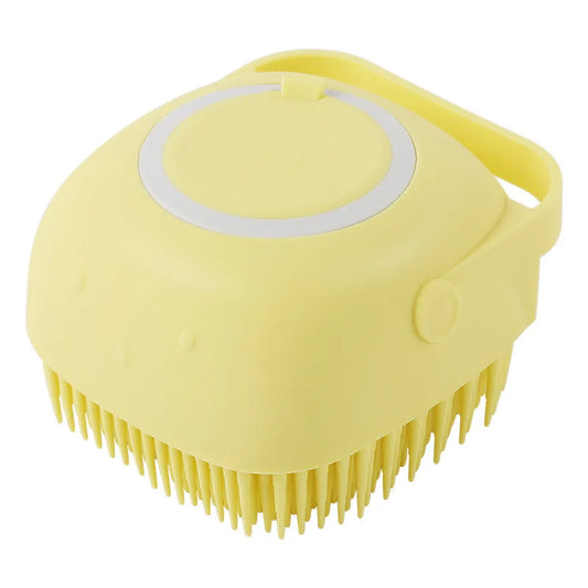 Silicone pet bath massage gloves gently cleaning and massaging a dog during bath time