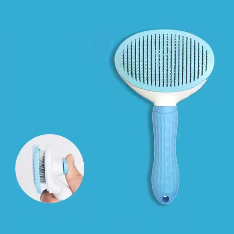 Stainless steel pet grooming comb removing tangles from a long-haired dog for smooth and healthy fur