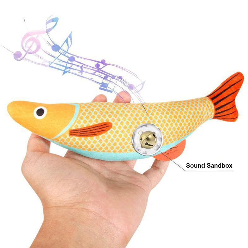 Cat playing with 3D catnip fish interactive plush toy
