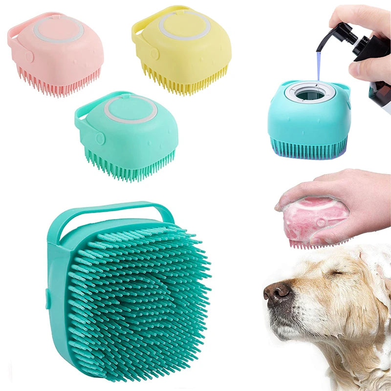 Silicone dog bath massage gloves with built-in shampoo dispenser
