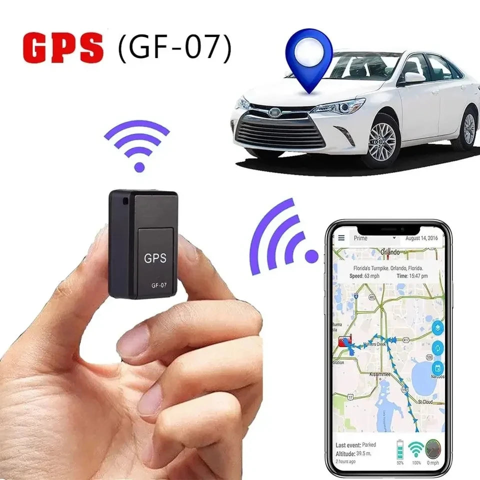 Mini GF07 GPS tracker held in hand for size comparison
