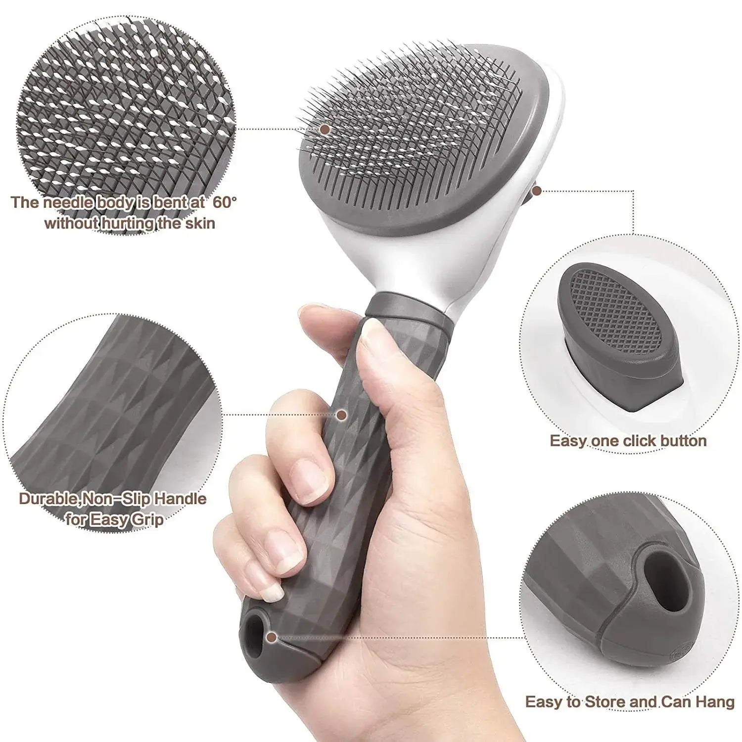 Close-up of stainless steel bristles and release button
