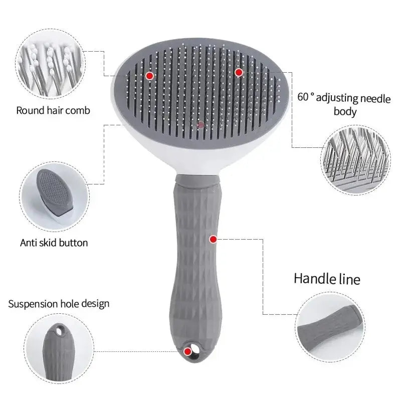 Hand holding self-cleaning pet grooming brush
