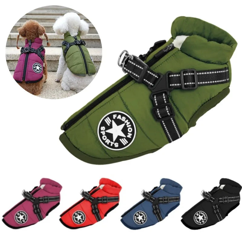 Waterproof winter dog jacket with built-in harness for small breeds
